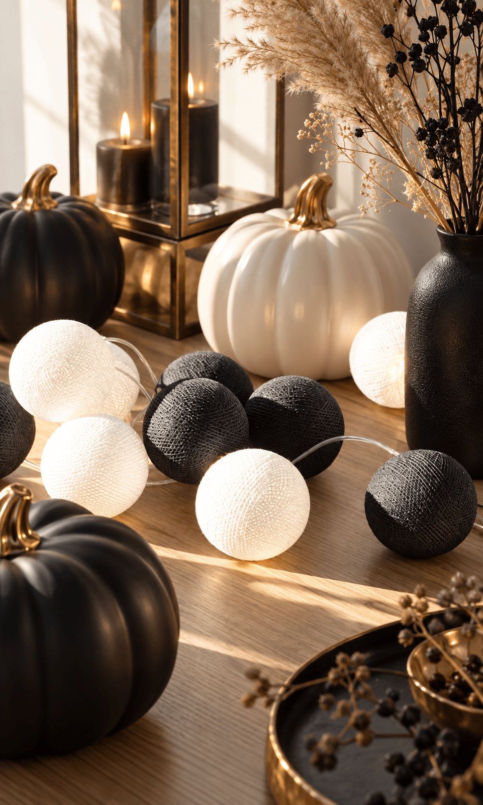 Γιρλάντα Halloween Black & White με λευκές και μαύρες βαμβακερές μπάλες
